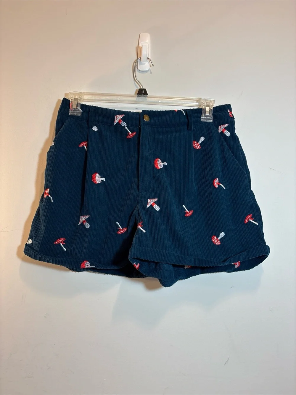 Cider Navy Corduroy Shorts with Red & White Mushroom Embroidery - Picture 2 of 11